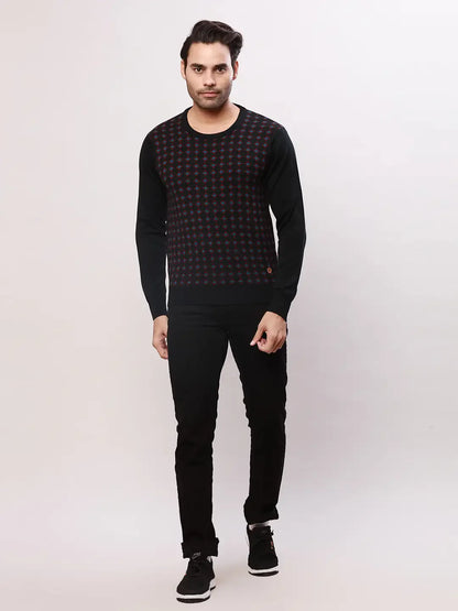 Raymond Men Black Jacquard Acrlic Blend Round Neck Sweaters