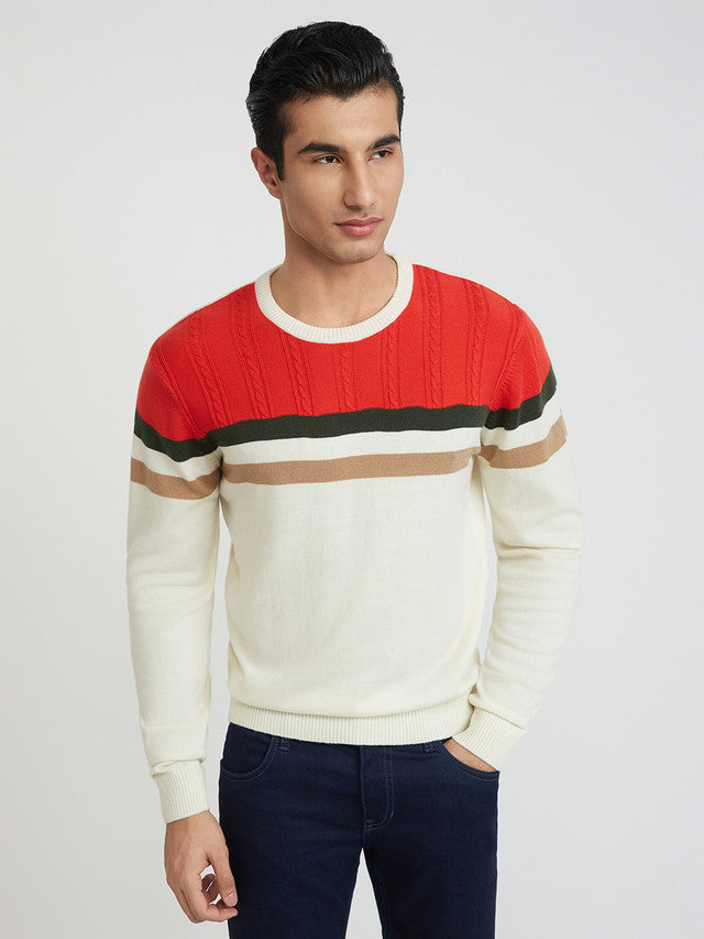 Raymond Men White Structure Cable Acrylic Blend Sweater