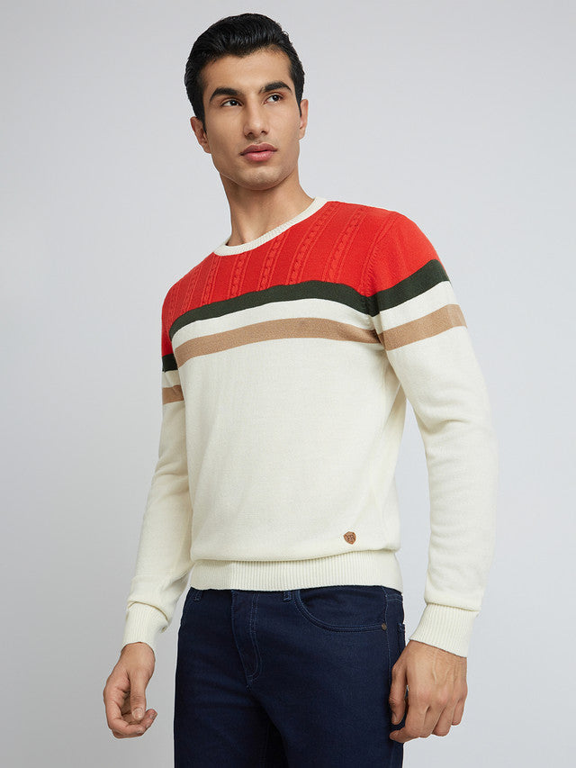 Raymond Men White Structure Cable Acrylic Blend Sweater