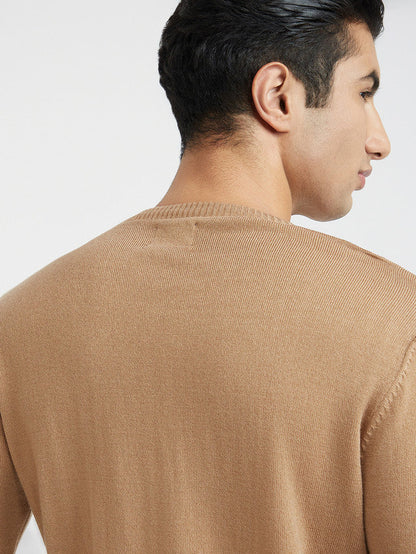 Men Fawn Structure Cable Acrylic Wool Blend Round Collar Sweaters