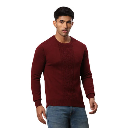 Men Maroon Structure Cable Acrylic Wool Blend Round Collar Sweaters
