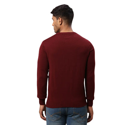 Men Maroon Structure Cable Acrylic Wool Blend Round Collar Sweaters