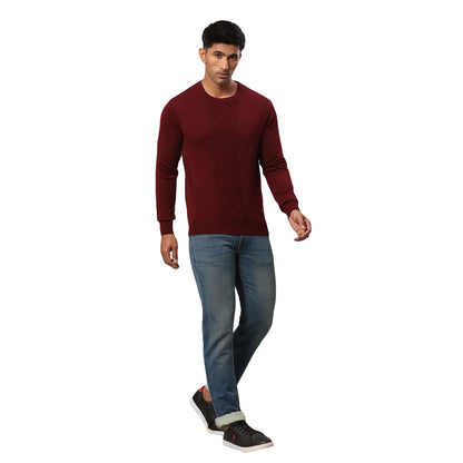 Men Maroon Structure Cable Acrylic Wool Blend Round Collar Sweaters