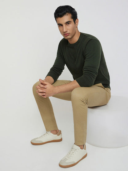 Men Green Structure Cable Acrylic Wool Blend Round Collar Sweaters