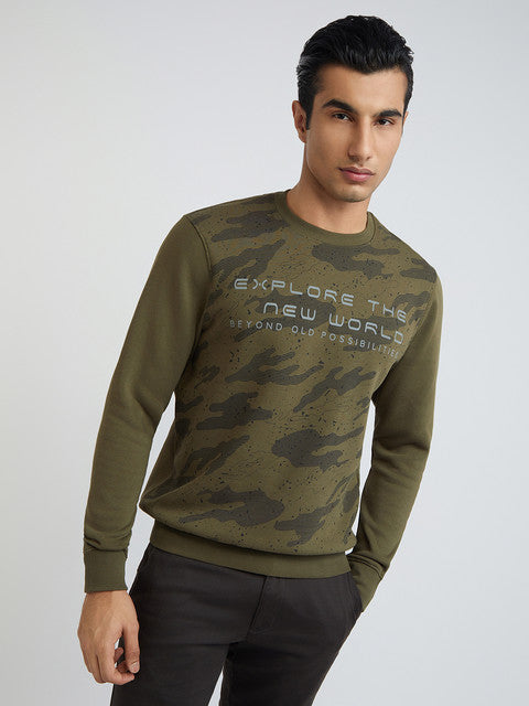 Men Green Regular Fit Print Cotton Polyester Blend Sweatshirts