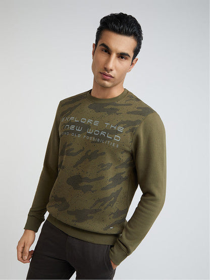 Men Green Regular Fit Print Cotton Polyester Blend Sweatshirts