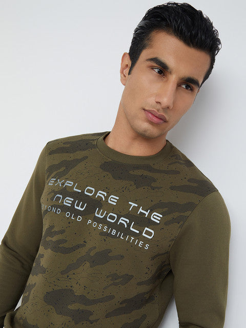 Men Green Regular Fit Print Cotton Polyester Blend Sweatshirts
