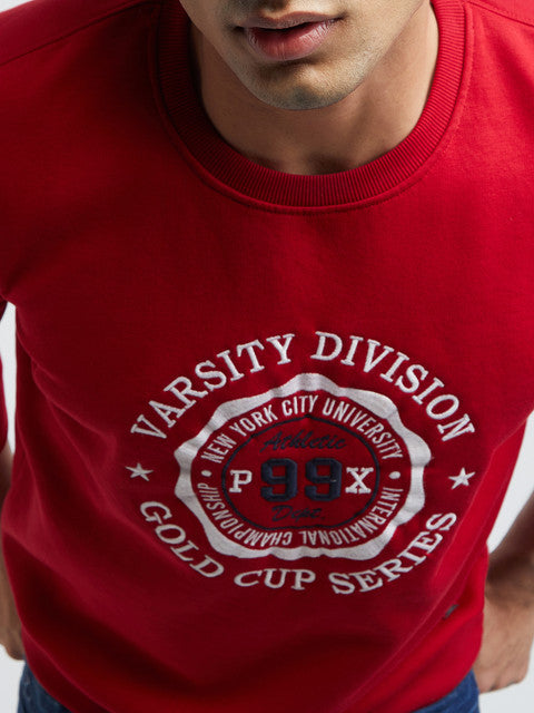 Men Red Regular Fit Embroidery Graphic Cotton Polyester Blend Sweatshirts
