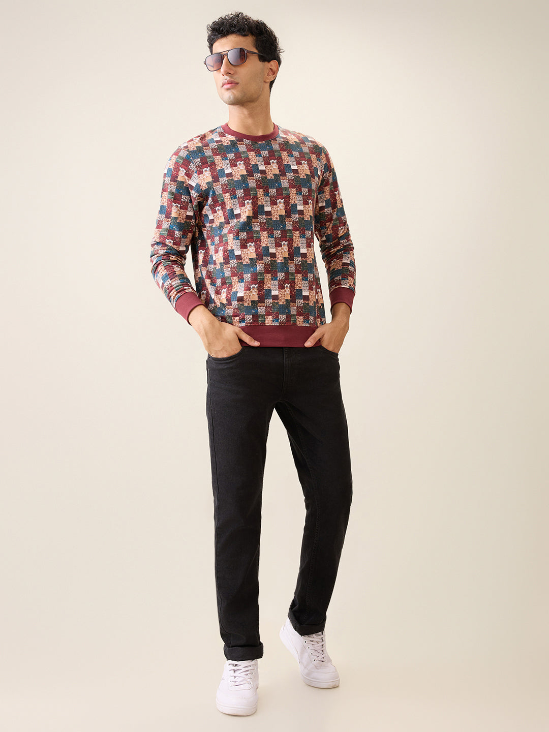 Parx Men Orange Printed Regular Fit Cotton Full Sleeve Round Neck Collar Sweatshirt