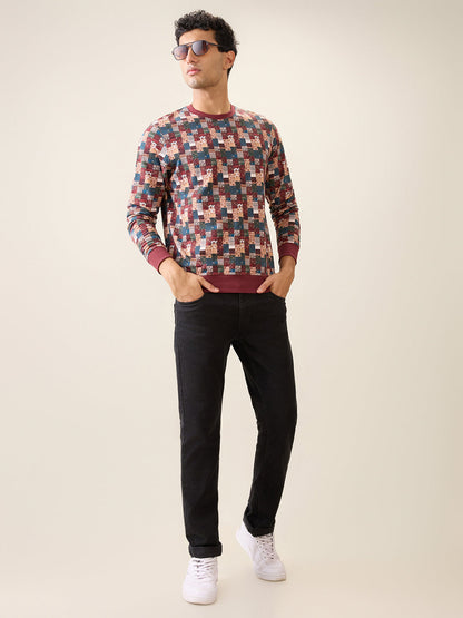 Parx Men Orange Printed Regular Fit Cotton Full Sleeve Round Neck Collar Sweatshirt