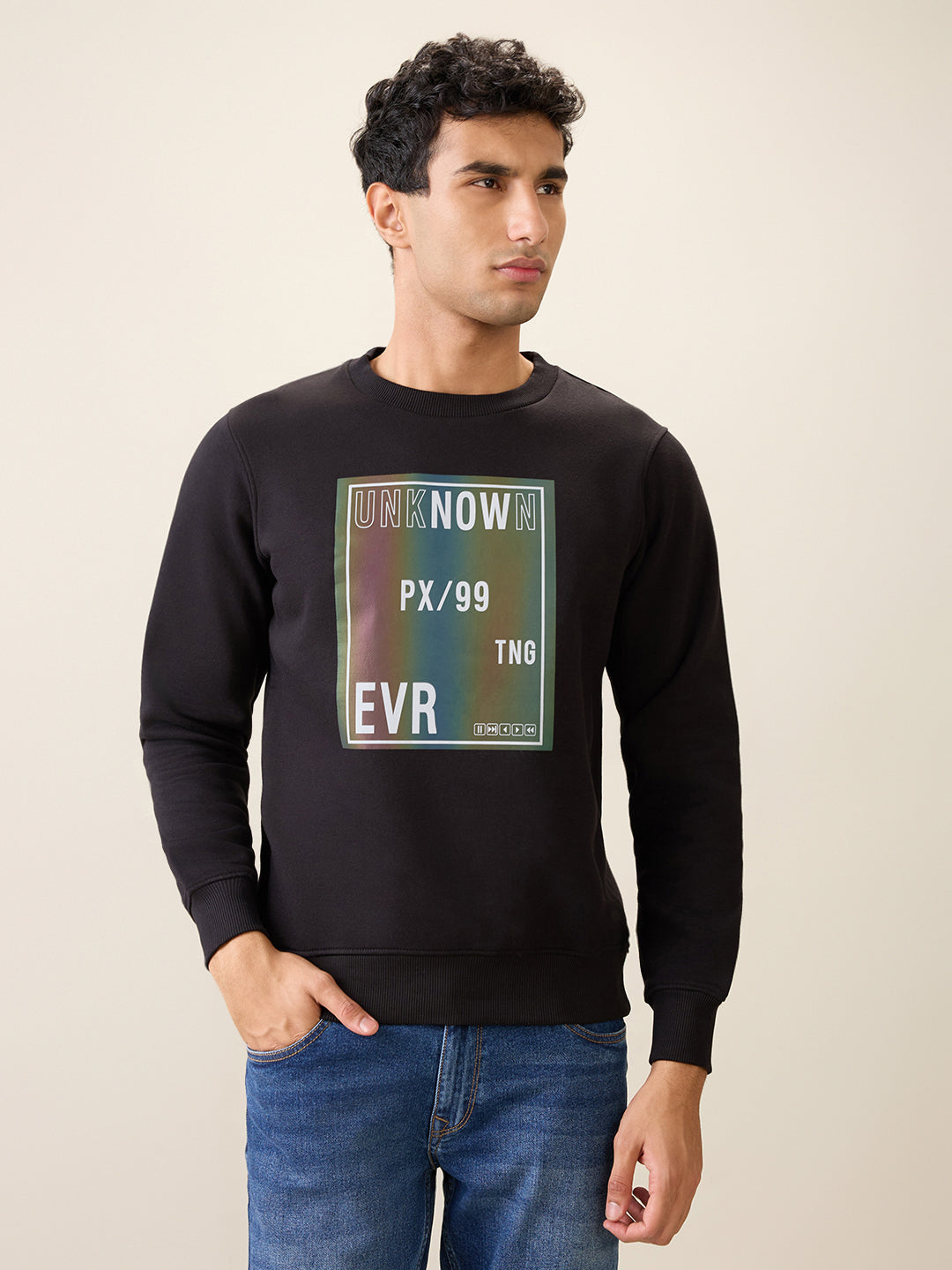 Parx Men Black Printed Regular Fit Cotton Blend Full Sleeve Round Neck Collar Sweatshirt