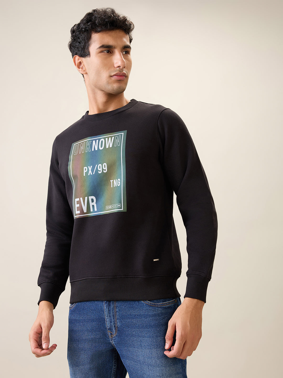 Parx Men Black Printed Regular Fit Cotton Blend Full Sleeve Round Neck Collar Sweatshirt