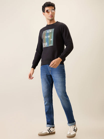 Parx Men Black Printed Regular Fit Cotton Blend Full Sleeve Round Neck Collar Sweatshirt