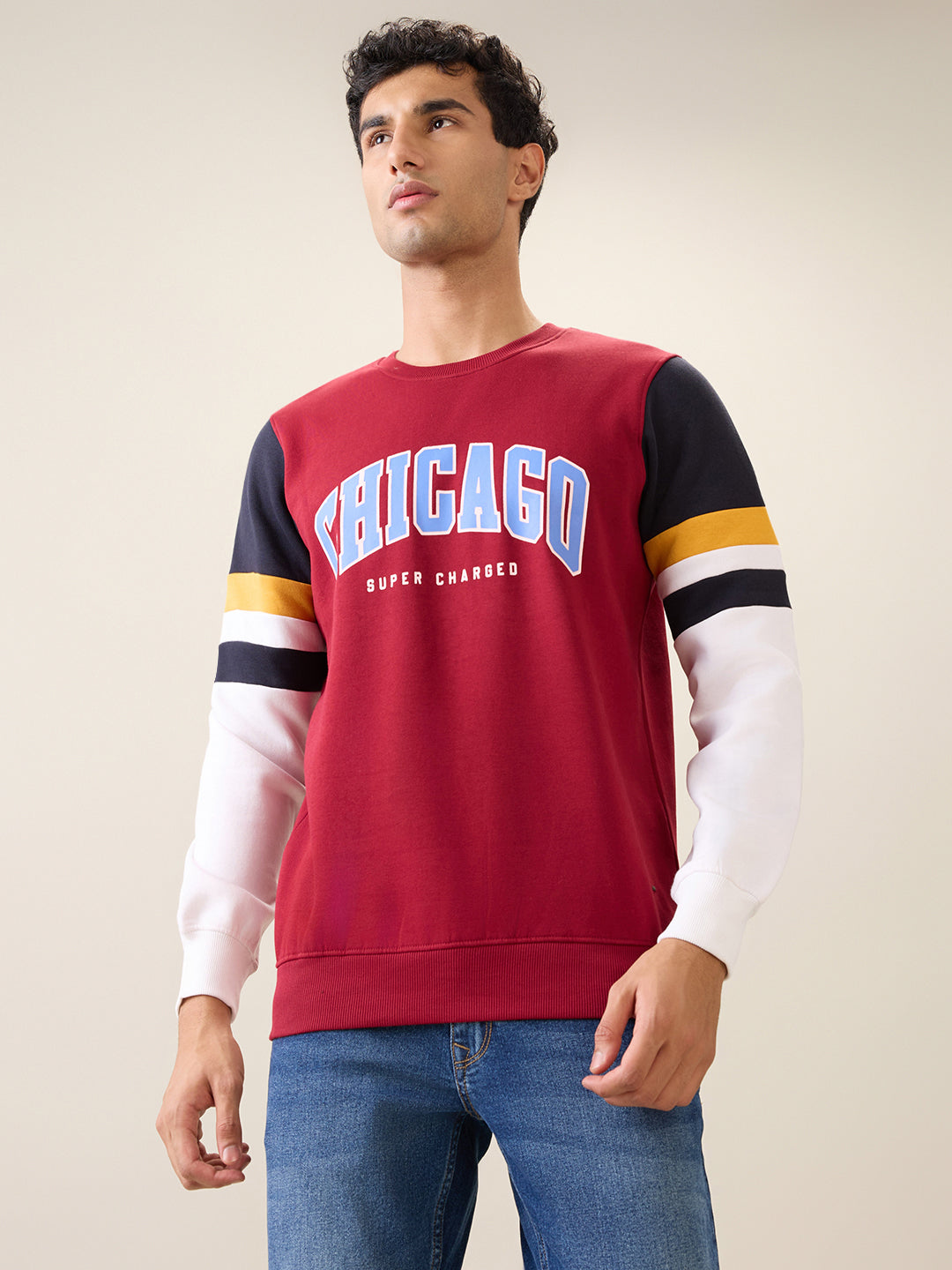 Parx Men Maroon Cut & Sew Regular Fit Cotton Blend Full Sleeve Round Neck Collar Sweatshirt