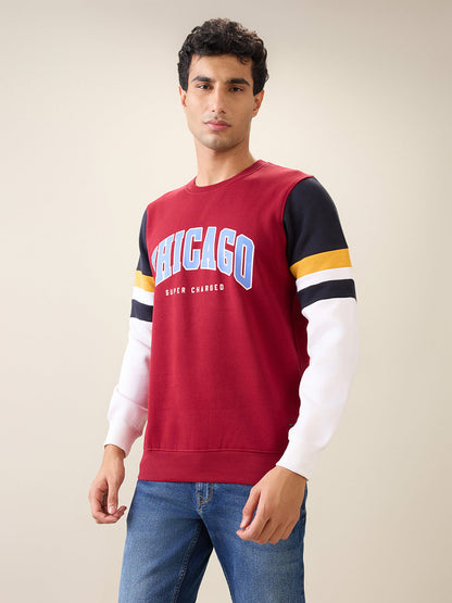 Parx Men Maroon Cut & Sew Regular Fit Cotton Blend Full Sleeve Round Neck Collar Sweatshirt
