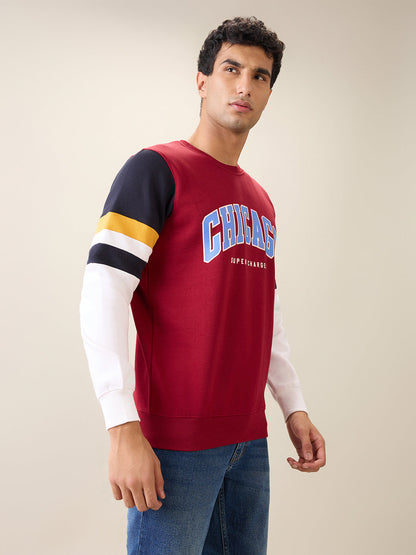 Parx Men Maroon Cut & Sew Regular Fit Cotton Blend Full Sleeve Round Neck Collar Sweatshirt