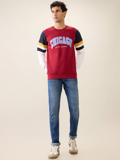 Parx Men Maroon Cut & Sew Regular Fit Cotton Blend Full Sleeve Round Neck Collar Sweatshirt