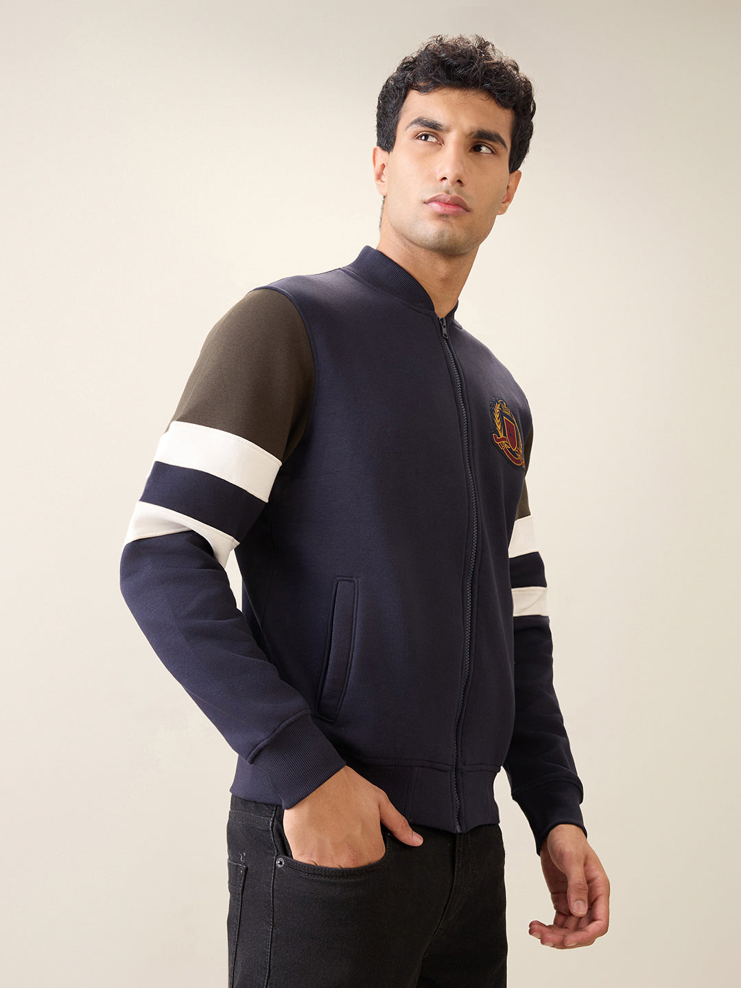 Parx Men Blue Cut & Sew Regular Fit Cotton Blend Full Sleeve Base Ball Collar Sweatshirt