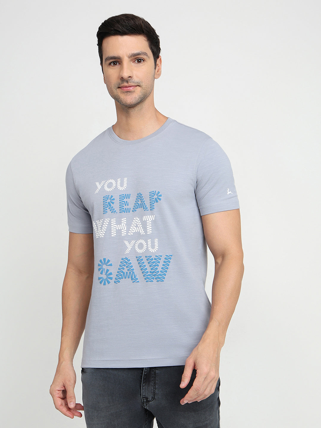 Parx Men Grey Graphic Regular Fit Cotton Half Sleeve Round Neck Collar T-Shirt