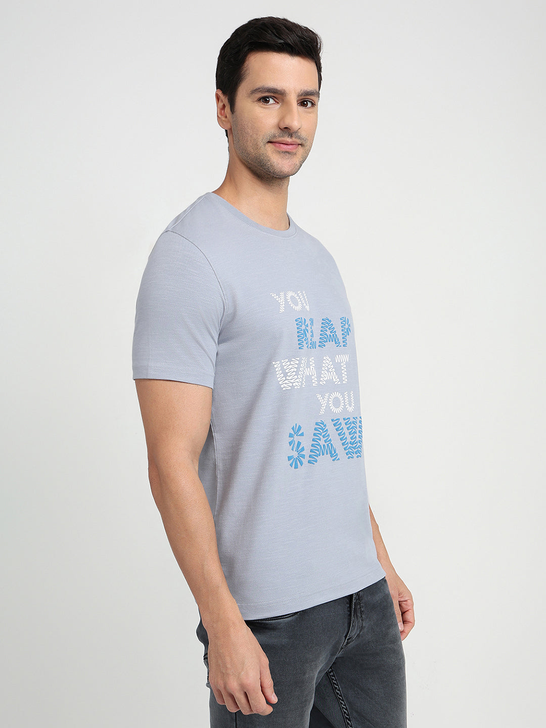 Parx Men Grey Graphic Regular Fit Cotton Half Sleeve Round Neck Collar T-Shirt