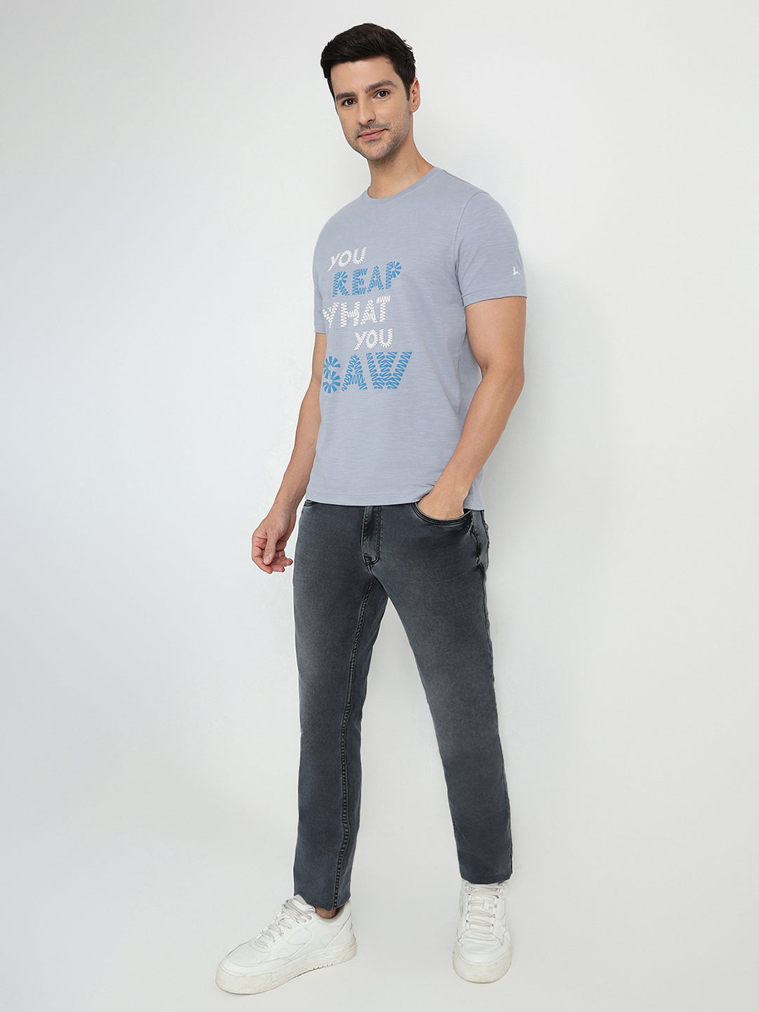 Parx Men Grey Graphic Regular Fit Cotton Half Sleeve Round Neck Collar T-Shirt