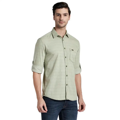 Men Green Slim Fit Print Cotton Full Sleeve Shirts