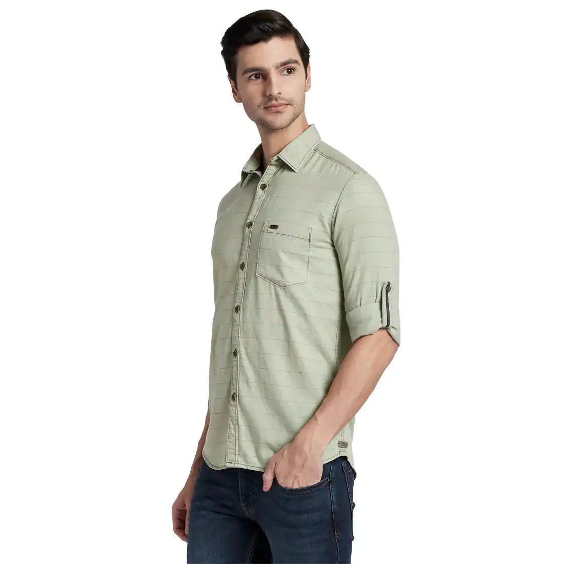 Men Green Slim Fit Print Cotton Full Sleeve Shirts
