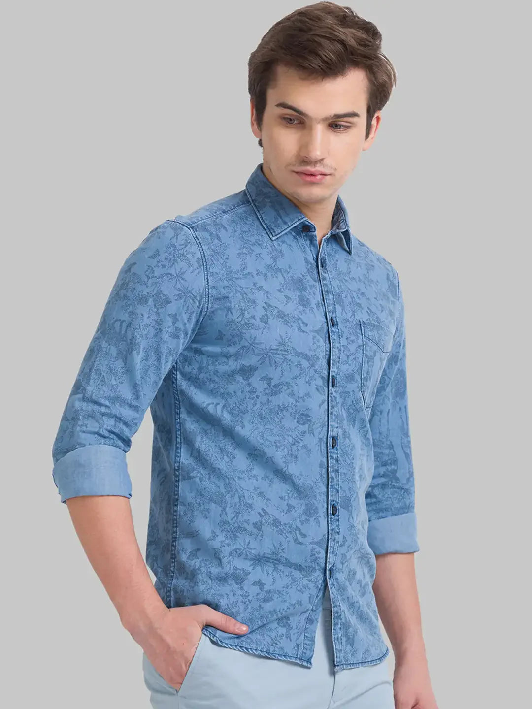 Men Blue Slim Fit Print Cotton Full Sleeve Shirts