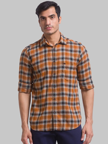 Men Brown Slim Fit Checks Cotton Full Sleeve Shirts