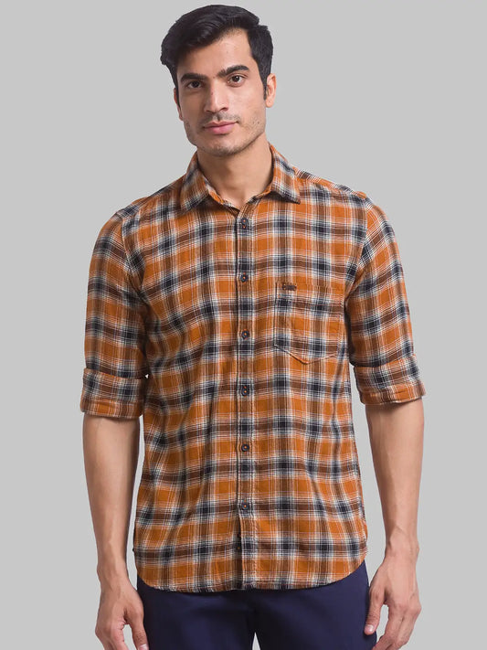 Men Brown Slim Fit Checks Cotton Full Sleeve Shirts