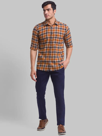 Men Brown Slim Fit Checks Cotton Full Sleeve Shirts