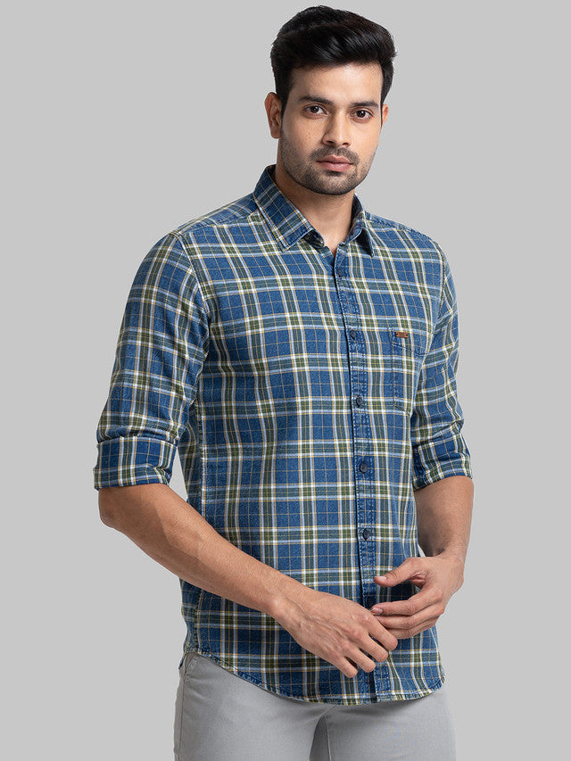 Parx Blue Checks Slim Fit Full Sleeve Cotton Shirt