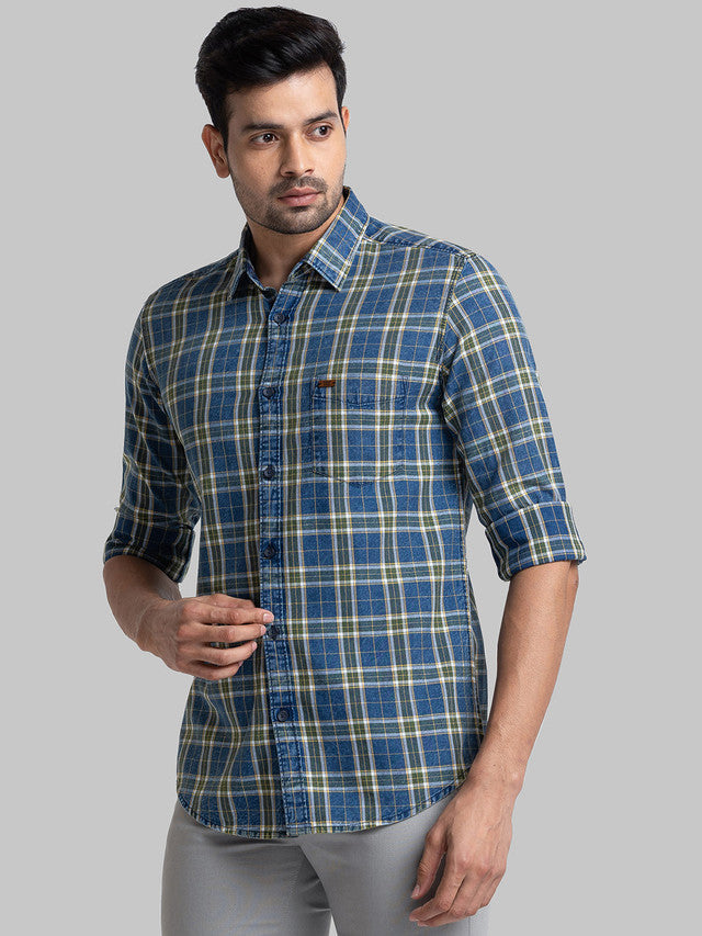 Parx Blue Checks Slim Fit Full Sleeve Cotton Shirt