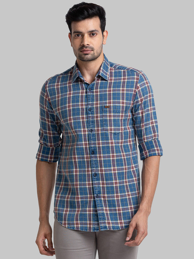 Parx Men Blue Checkered Slim Fit Cotton Casual Shirt