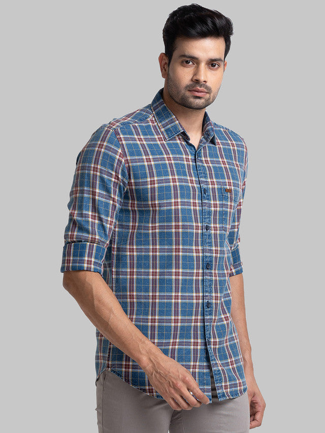 Parx Men Blue Checkered Slim Fit Cotton Casual Shirt