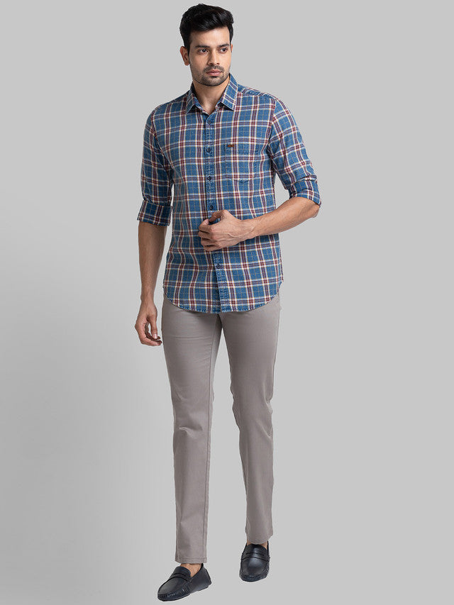 Parx Men Blue Checkered Slim Fit Cotton Casual Shirt
