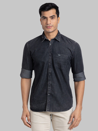 Parx Black Solid Slim Fit Cotton Casual Shirt