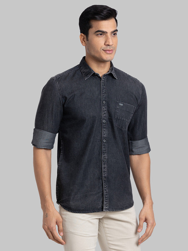 Parx Black Solid Slim Fit Cotton Casual Shirt