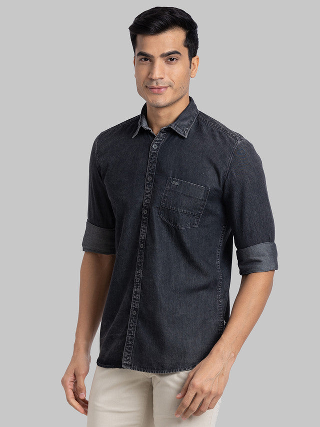Parx Black Solid Slim Fit Cotton Casual Shirt