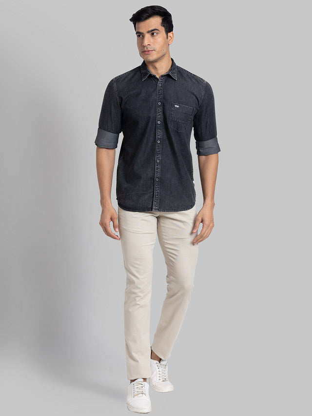 Parx Black Solid Slim Fit Cotton Casual Shirt
