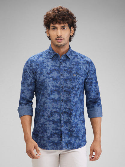 Parx Blue Printed Slim Fit Cotton Casual Shirt