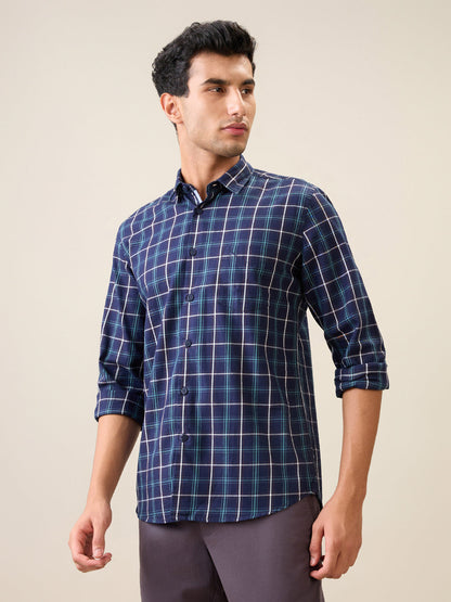 Parx Men Blue Checks Slim Fit Cotton Casual Shirt