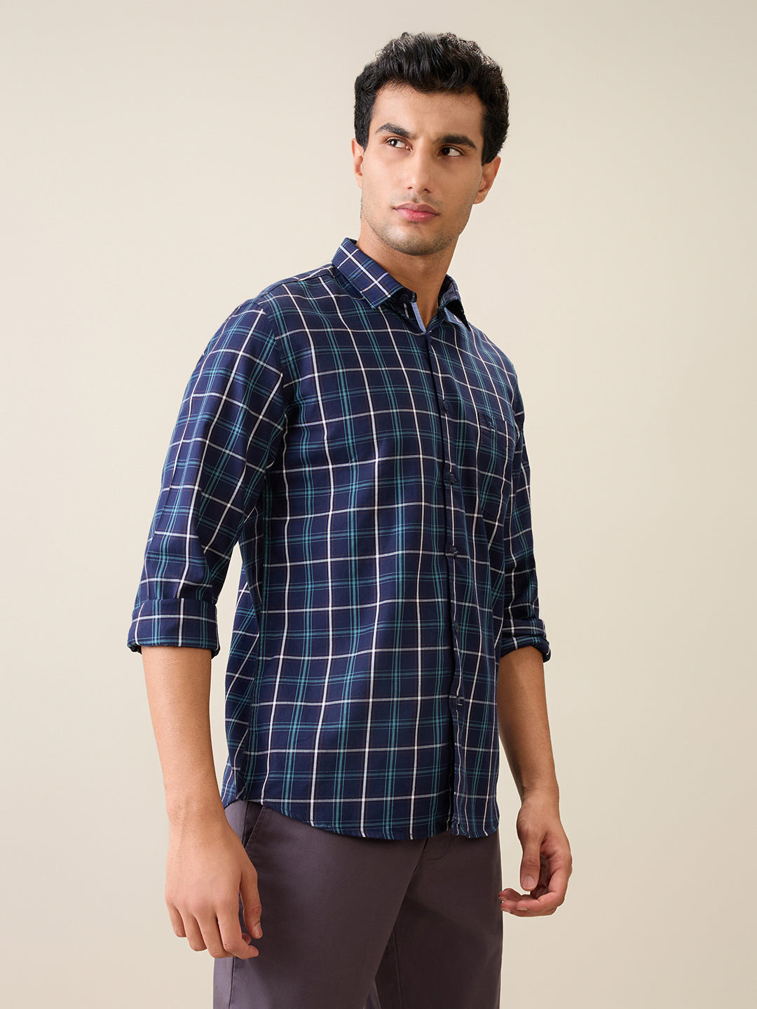 Parx Men Blue Checks Slim Fit Cotton Casual Shirt