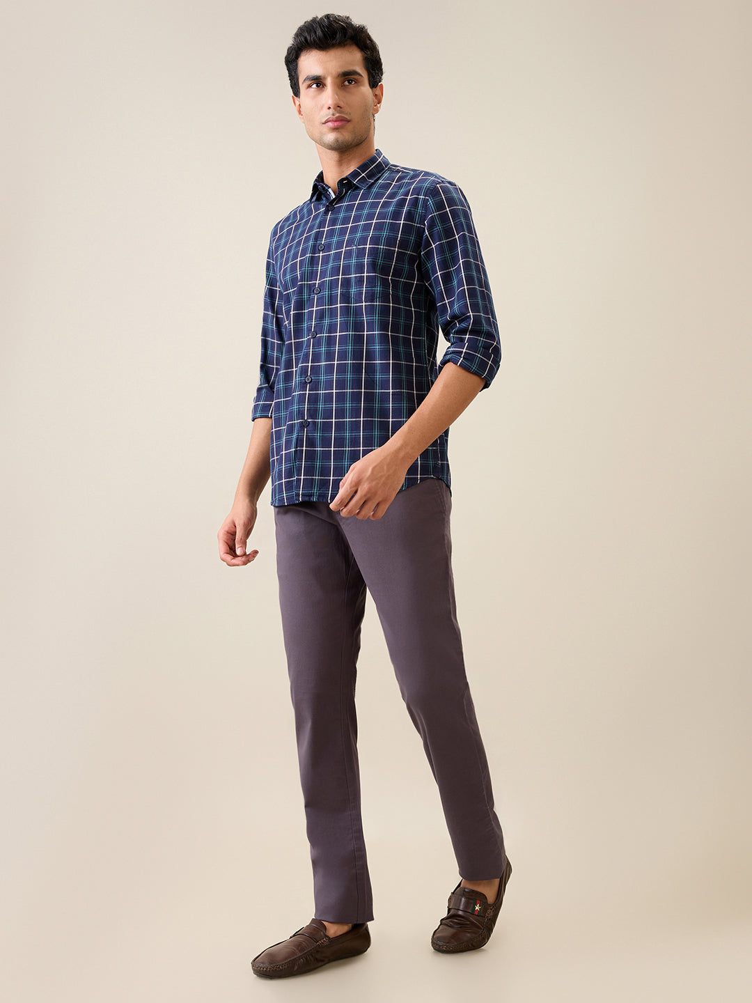 Parx Men Blue Checks Slim Fit Cotton Casual Shirt