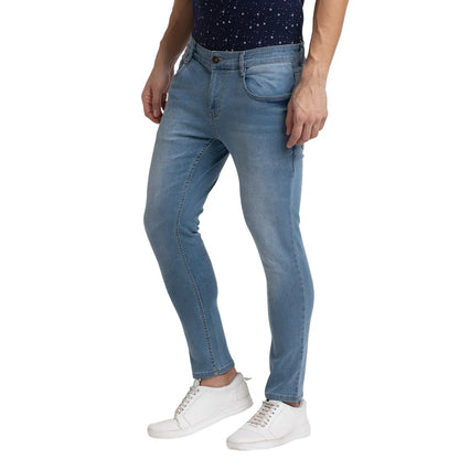 Men Blue Skinny Cropped Fit Twill Cotton Blend Jeans