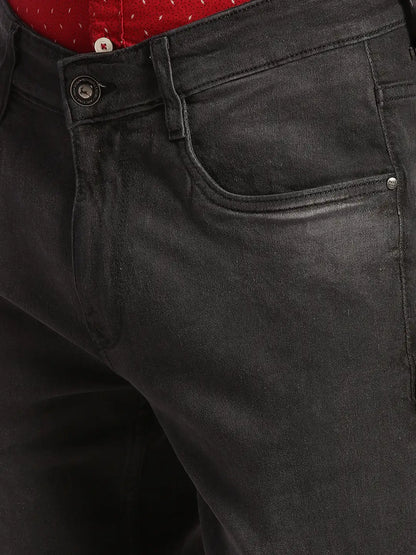 Men Black Slim Tapered Fit Plain Cotton Blend Jeans