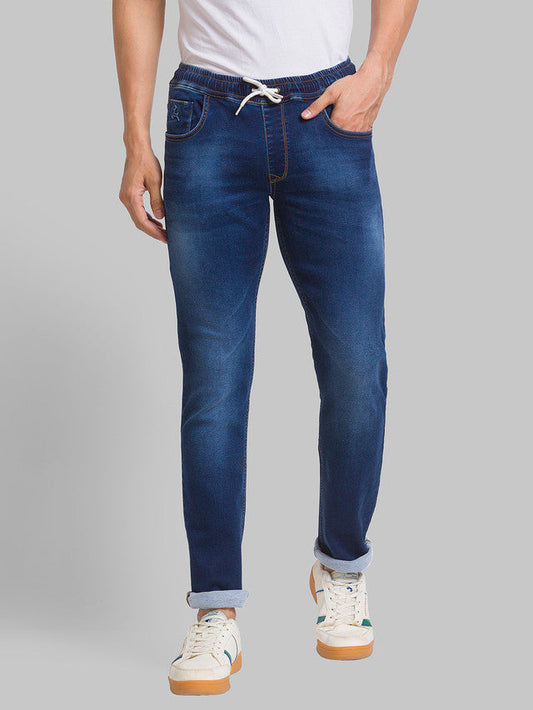 Parx Blue Jacquard Jogger Fit Cotton Blend Jeans