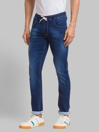 Parx Blue Jacquard Jogger Fit Cotton Blend Jeans
