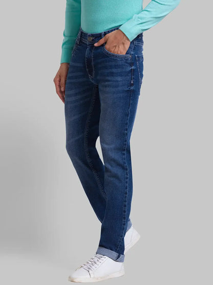 Men Blue Slim Tapered Fit Jacquard Cotton Blend Jeans