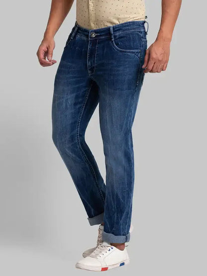 Men Blue Slim Tapered Fit Jacquard Cotton Blend Jeans
